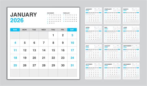 Calendar 2026 year blue design, Monthly calendar template for 2026 year, Week Starts on sunday ...