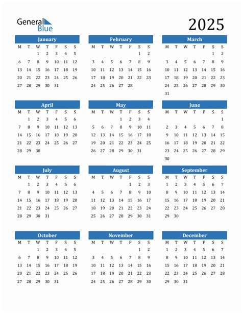 2025 Yearly Calendar Templates with Monday Start