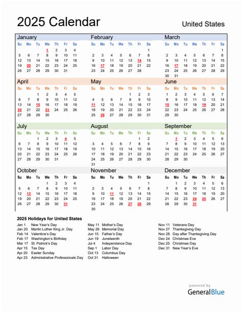 United States 2025 Calendar with Holidays