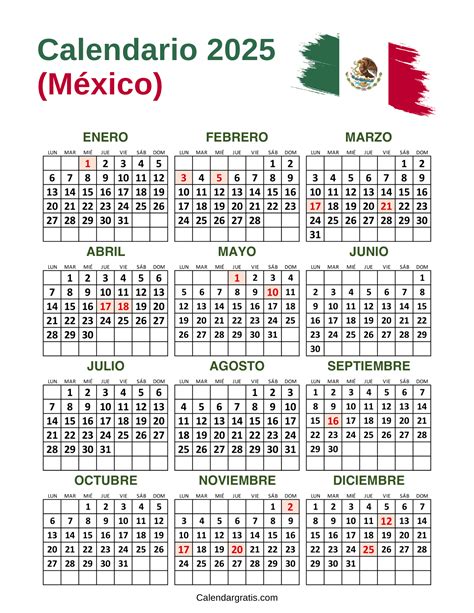 Calendario México 2025 Con Festivos Para Imprimir Gratis