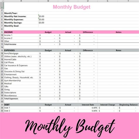 Plantilla de presupuesto mensual | Excel descargar - Etsy España