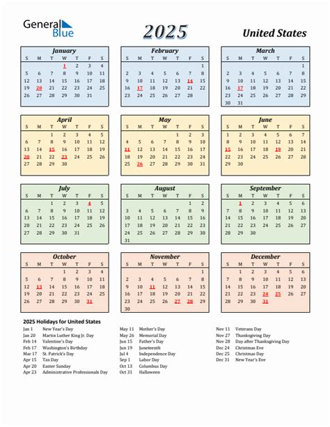 Free Printable 2025 United States Holiday Calendar