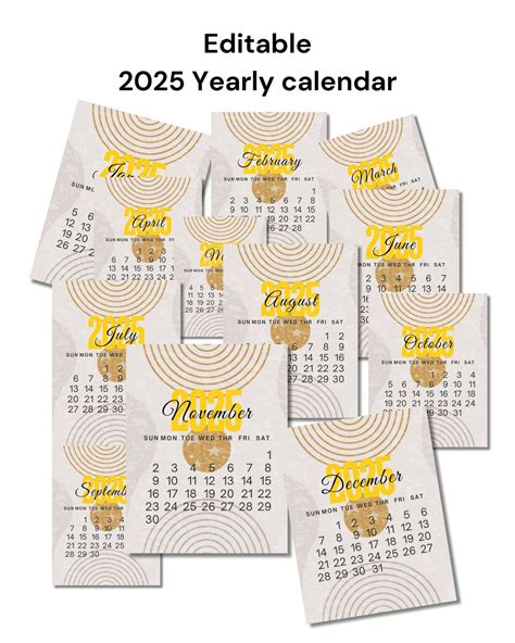 Editable Calendar, 2025 Yearly Calendar, Minimalist Calendar, Digital ...