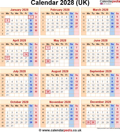 Calendar 2028 UK with bank holidays and PDF/Excel/Word templates