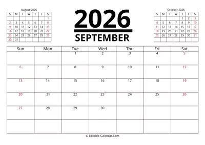 Download Editable 2026 Calendar September, weeks start on Sunday