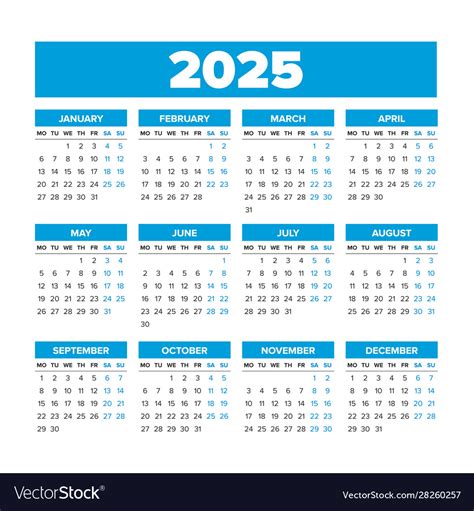 Simple calendar 2025 weeks start on monday Vector Image