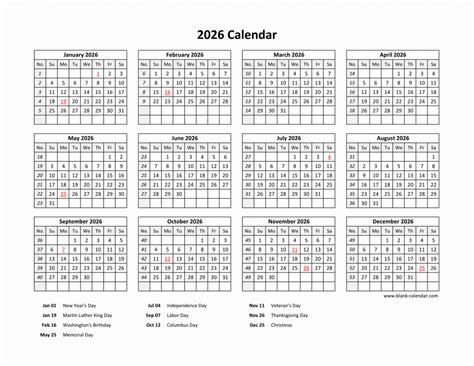 Free Download Printable Calendar 2026 with US Federal Holidays, one ...