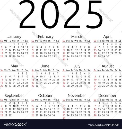 Calendar 2025 sunday Royalty Free Vector Image