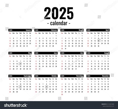 2025 Calendar Template Office Black White Stock Vector (Royalty Free ...