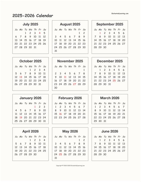 2025-2026 School-Year One-Page Calendar - Enchanted Learning