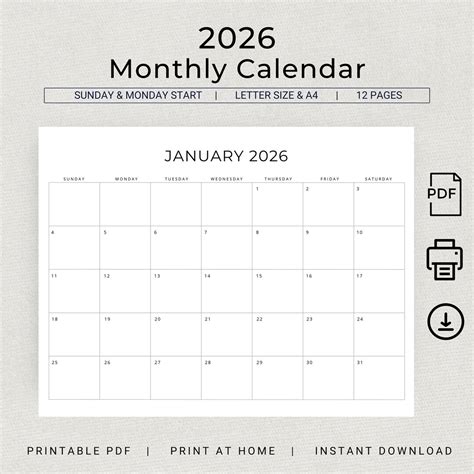 2026 Monthly Calendar PRINTABLE 2026 Monthly Planner Landscape 2026 ...