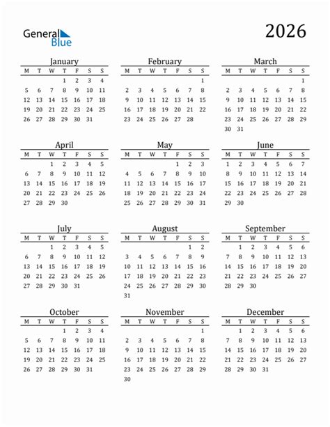 Year 2026 Free Printable 12-Month Calendar