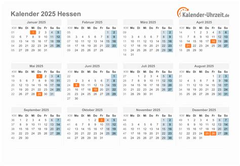 Feiertagen Hessen 2025 Kalender 2025 Hessen Kostenlos: Ferien-übersicht ...