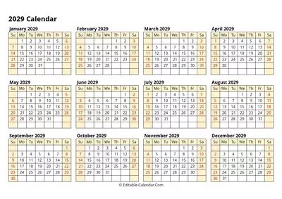 Yearly Calendar 2029 Editable in Excel, Word, PDF