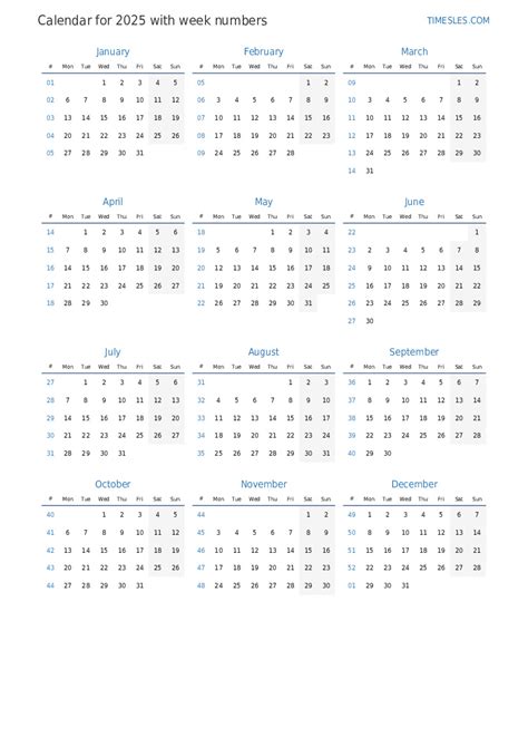 Calendar for 2025 with weeks | Print and download calendar