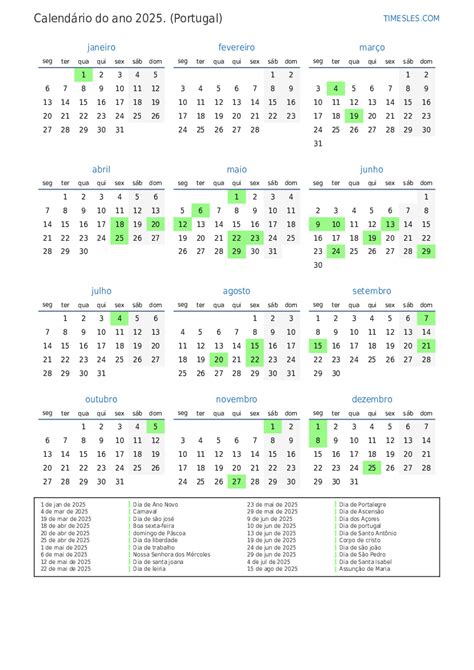 Calendário 2025 com feriados em Portugal | Imprimir e baixar calendário