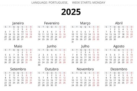 Calendário português para o ano 2025 Ilustração vetorial imprimível ...