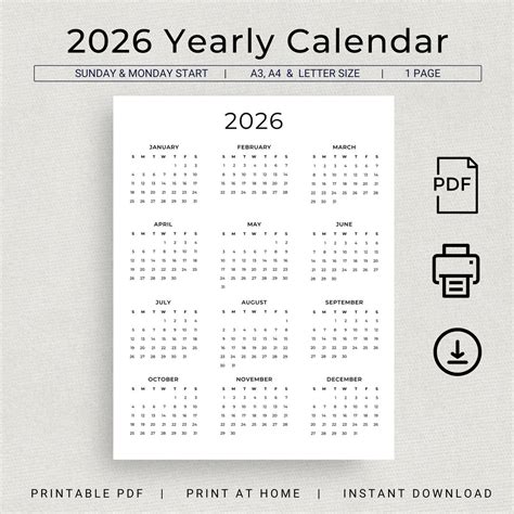 2026 Calendar 2026 Yearly Calendar Printable 2026 Wall Calendar 2026 ...