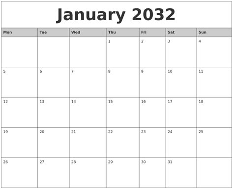 January 2032 Monthly Calendar Printable