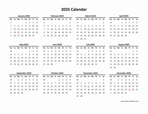 Download Blank Calendar 2025 (12 months on one page, horizontal)