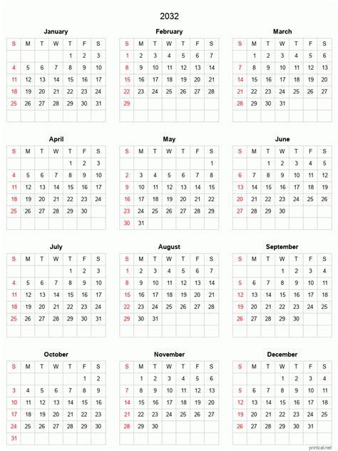 2032 Printable Calendar - Full-Year Calendar (Grid style)