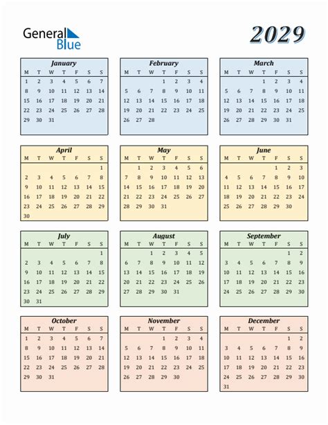 2029 Yearly Calendar Templates with Monday Start