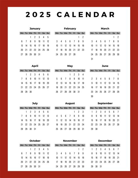 2025 Calendar Days By Month 2025 - Vivi Alvinia
