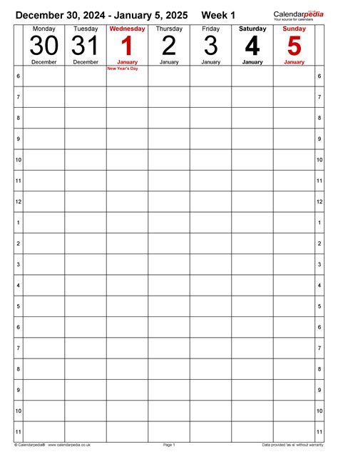 Weekly calendar 2025 UK - free printable templates for PDF
