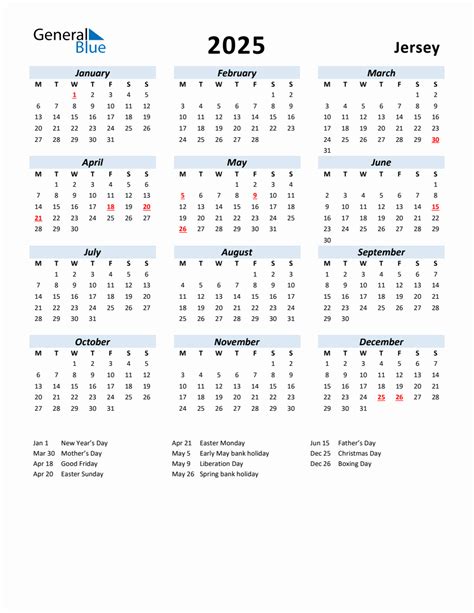 2025 Yearly Calendar for Jersey with Holidays