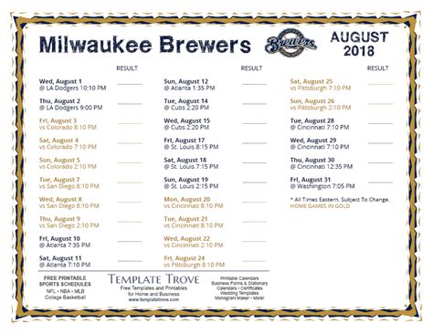 Printable 2018 Milwaukee Brewers Schedule
