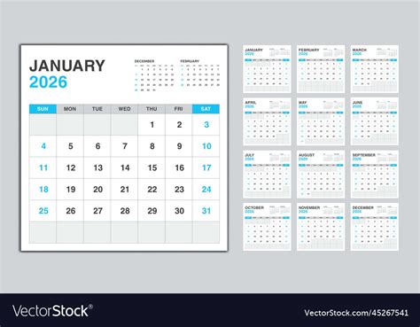 Calendar 2026 year blue design monthly Royalty Free Vector