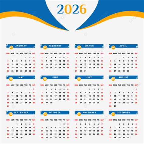 2026 Blue And Yellow Calendar With Unique Style Vector, Calendar, 2026 ...