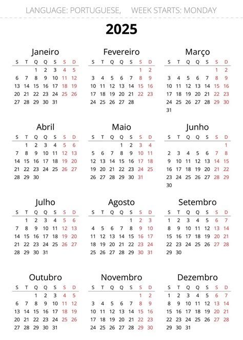 Calendário português vertical 2025 Ilustração vetorial imprimível ...