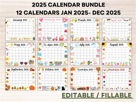 Editable 2025 Calendar Bundle- Printable Calendars W/ Cute Designs ...