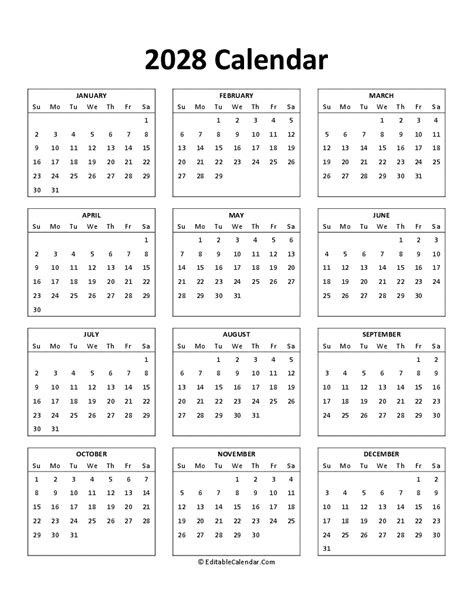 Download Free Printable 2028 Calendar (PDF Version)