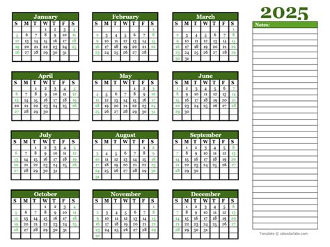 2025 Yearly Calendar With Blank Notes - Free Printable Templates