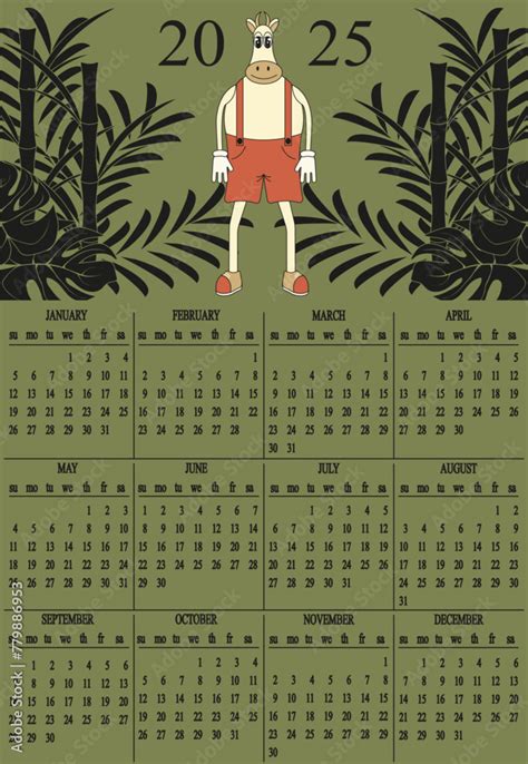2025 Calendar Design with Funky Cartoonish Cow in Tropical forest ...