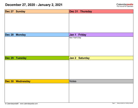 Free Printable Weekly Calendar 2021