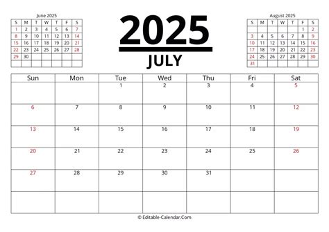 Download July 2025 Printable Calendar With Previous And Next Month ...