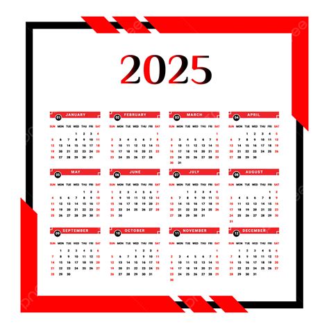 Kalender Tahunan 2025 Dengan Gaya Unik Merah Dan Hitam Vektor, Kalender ...