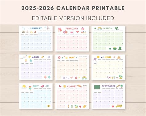 2025-2026 Calendar Printable, Printable Calendar, Editable Calendar ...