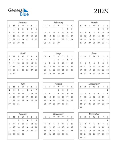 2029 Calendar (PDF, Word, Excel)