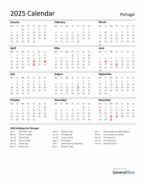 Standard Holiday Calendar for 2025 with Portugal Holidays