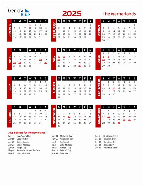 The Netherlands 2025 Yearly Calendar Downloadable