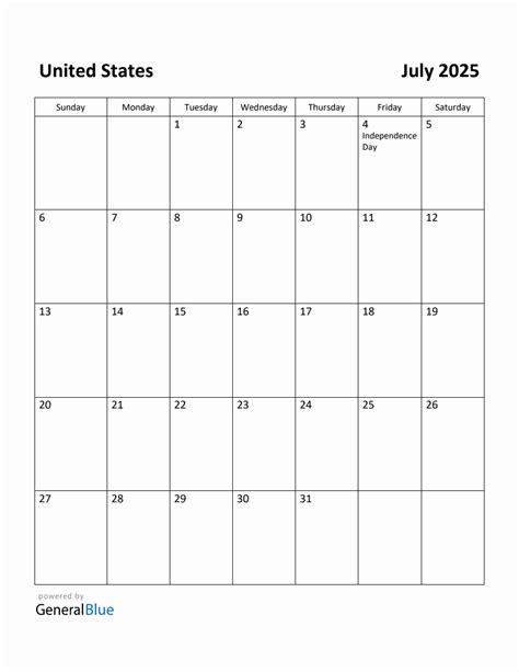 Free Printable July 2025 Calendar for United States
