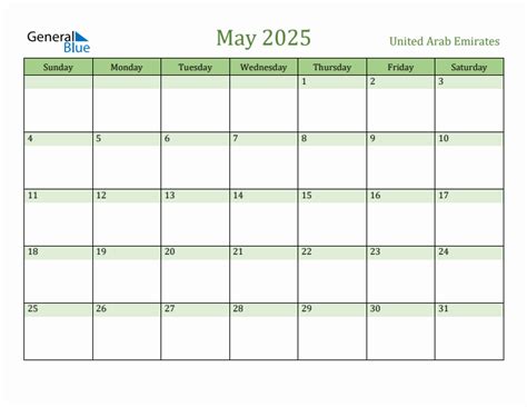 Fillable Holiday Calendar for United Arab Emirates - May 2025