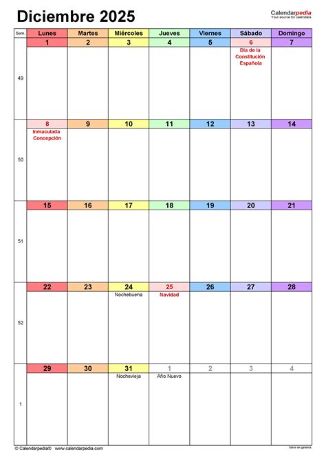 Calendario diciembre 2025 en PDF, Excel y Word | Calendarpedia