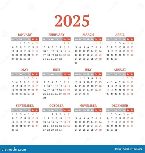 Calendario Vectorial Simple En 2025. Empezar Desde El Lunes Ilustración ...