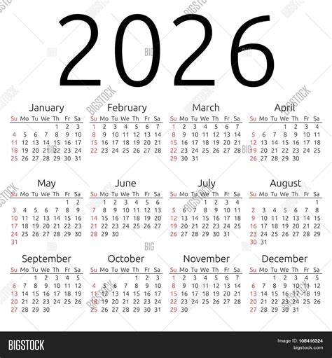 Vector Calendar 2026 Vector & Photo (Free Trial) | Bigstock