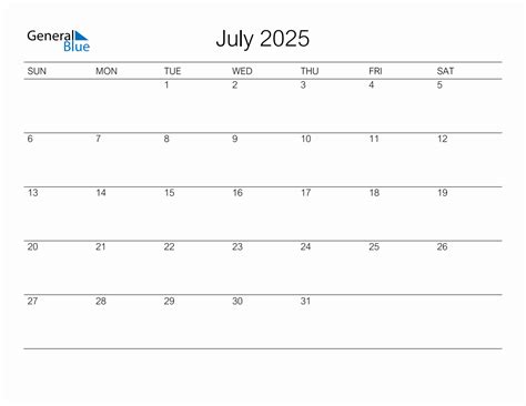 Printable July 2025 Monthly Calendar - Sunday Start